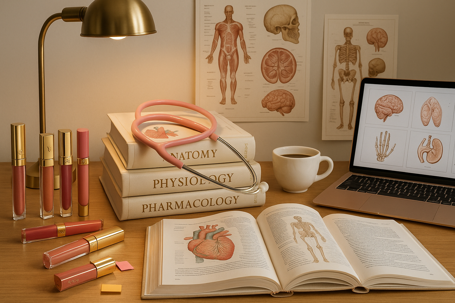 medical student desk with books and luxury lipglosses